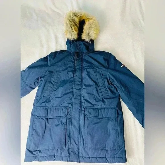 Tommy Hilfiger Navy Blue Parka with Faux Fur Hood Size Large - Picture 2 of 13